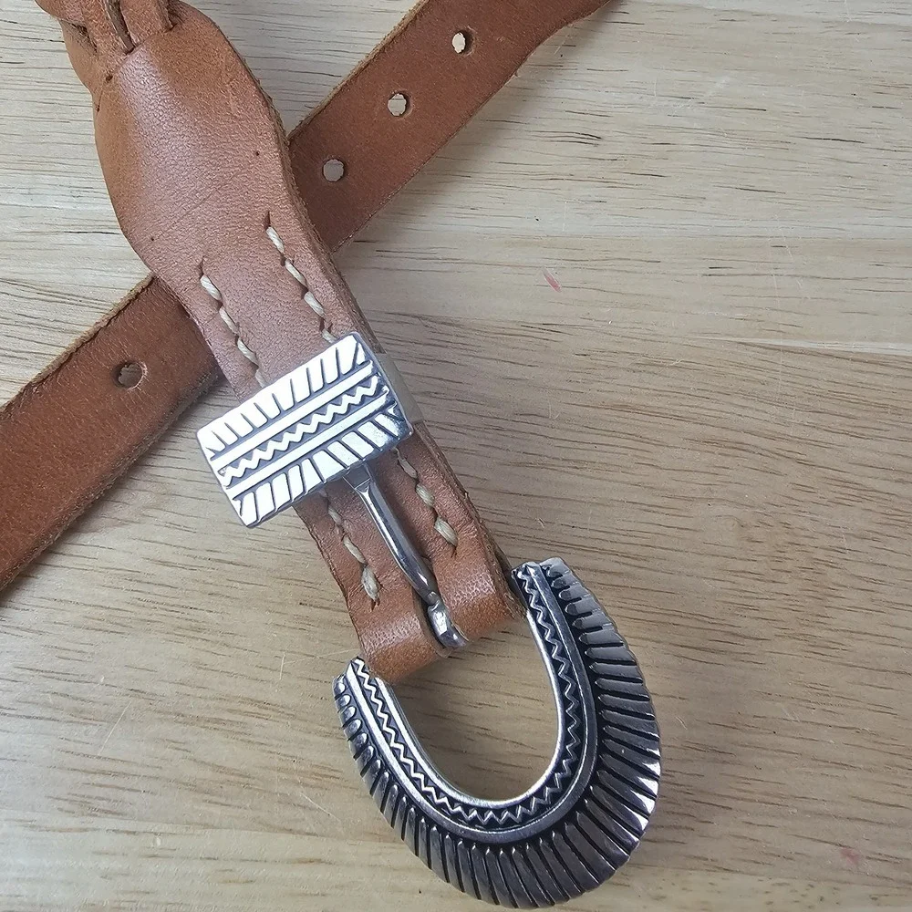 Woven Leather Belt Women's Size Small Tan Silver Buckle‎ Accent Western